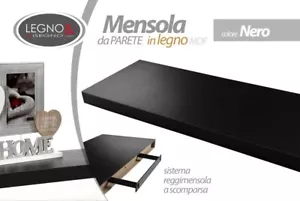 MENSOLA PENSILE NERO CM 60*25*3.8 DA PARETE IN LEGNO KIT DI MONTAGGIO MODERNA - Foto 1 di 1