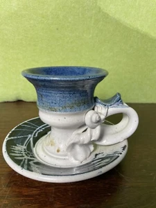 Vintage  John Schulps Studio Art Pottery Candle Holder  Blue & White 5” H - Picture 1 of 12