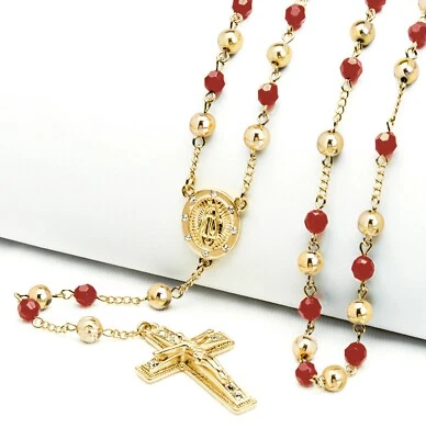 Collar Rosario Católico Hombre 6mm Oro Cuentas Rojas Guadalupe Jesús Cruz 28" HR 600 Foto 1 de 3