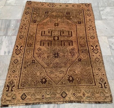 Vintage Afghan Rug Hand Knotted Oushak Design Wool Area Rug 3x5 ft Free Ship - Image 1 of 4