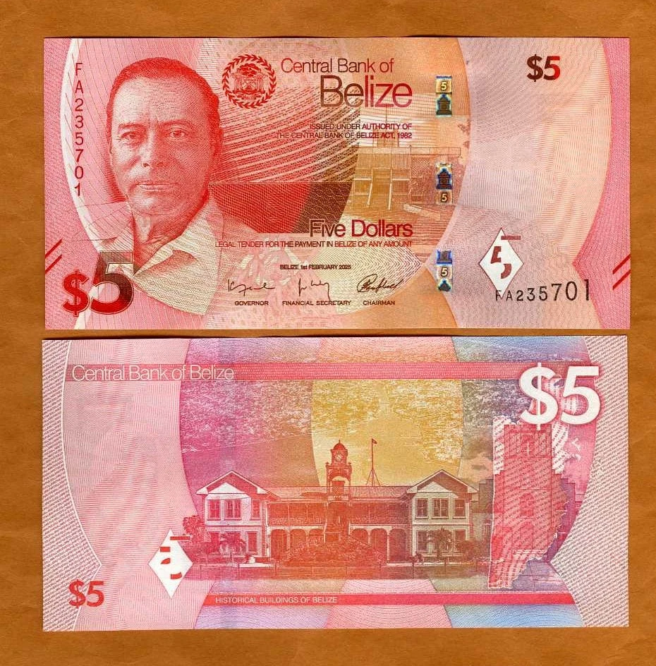 Belice, 5 dólares, 2025, P-74, UNC rediseño completo Foto 1 de 1