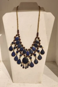 Ethnic Hand Crafted Blue Lapis Collar Bib Style Wood Silver Bead Necklace - Picture 1 of 7