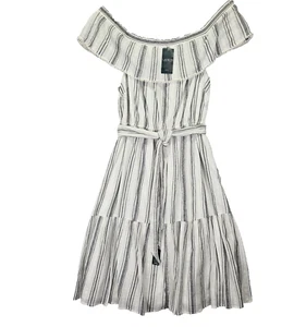 Lauren Ralph L. Midi Dress Ruffle Off Shoulder Teardrop Sz 14W Cotton Striped - Picture 1 of 9