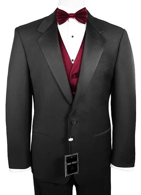 Sizes 34-64 Reg. 6-Piece Tuxedo w/Flat Front Pants, Burgundy Vest & Bow-Tie - Image 1 of 4