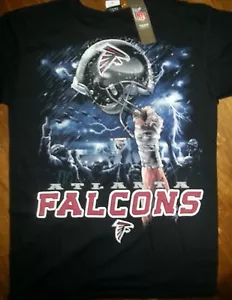 ATLANTA FALCONS Nuevo con etiquetas CASCO CIELO CAMISETA NEGRA NFL ROPA CON LICENCIA - Imagen 1 de 3