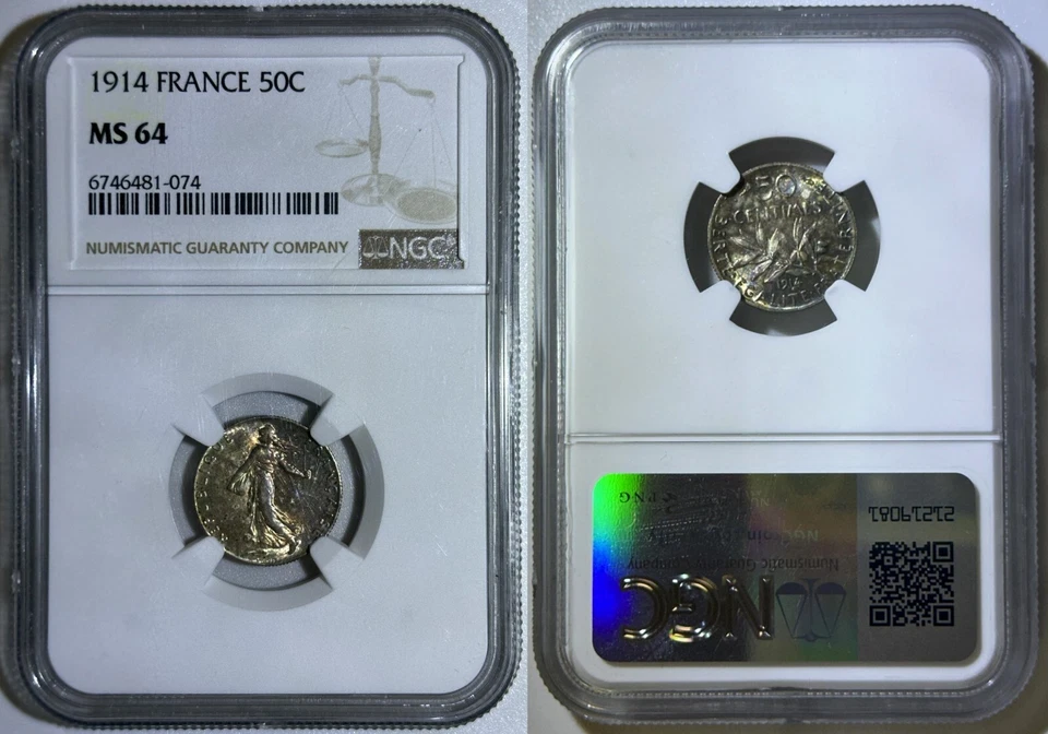 France 1914 Silver 50 Centimes French Paris Mint BU Coin NGC MS 64 Fancy Toned - Image 1 of 1