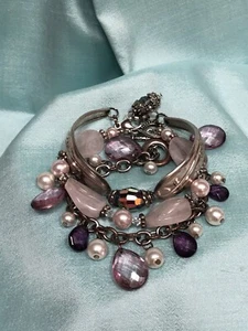Lot of 3 Rose Quartz Faux Pearl, Amethyst Glass and Silver Tone Bracelets - Picture 1 of 6