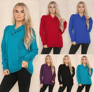 Women's Ladies Long Sleeve V Neck Cable Neck Knitted Jumper 4 Button Sweater New - Picture 1 of 25