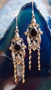 Rx Orecchini IN Stile Liberty Onice Nero Pietra Del Capricorno Argento Sterling - Foto 1 di 4