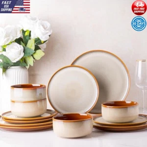 12 Pc Handmade Ceramic Dinnerware Set Scratch Resistant Microwave Safe Kitchen - Picture 1 of 6