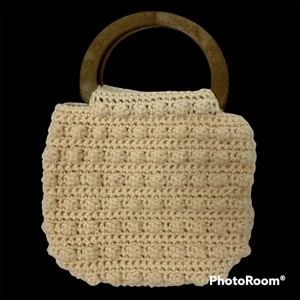 Vtg 60's MOD Ivory CROCHET Hand Bag Ring Handle Hippie Purse Knit Wool Satchel - Picture 1 of 4