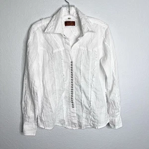 Scully Top Women Small Western Pearl Snap Ruffled White Long Sleeve Rodeo B11 - Picture 1 of 8
