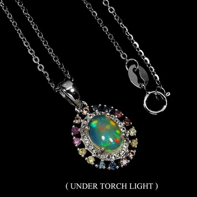 925 Sterling Silver Necklace Oval Fire Opal 8x6mm Topaz Gemstone Jewelry 18 Inch - Image 1 of 4