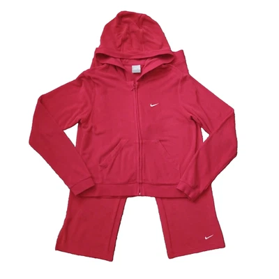 Chándal vintage Nike para mujer mediano rojo rizo tela chaqueta pantalones recortados Y2K Foto 1 de 4