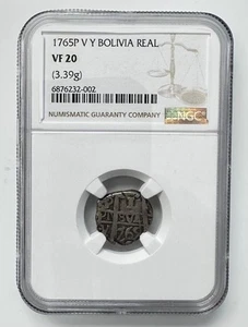 Bolivia 1765 P V Y Antique Silver 1 Real Cob (3.39gms) Spanish Colony NGC VF20 - Picture 1 of 2