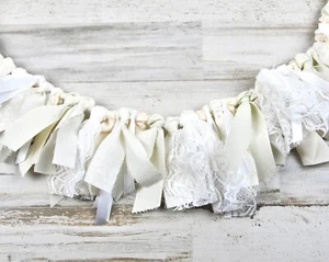 Ivory shabby farmhouse chic handmade miniature fabric rag tie banner - Picture 1 of 3