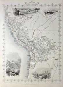 AMÉRICA DEL SUR, PERÚ, BOLIVIA, mapa antiguo original, TALLIS, 1851 - Imagen 1 de 4