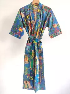 Frida Kahlo Blue Long Cotton Kimono Handmade Bath Robes Night Gown Cover Up - Picture 1 of 5