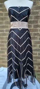 Coast Strapless Black Long Silk Trim Dress Zig-Zag Stripe Size 10 UK - Picture 1 of 16