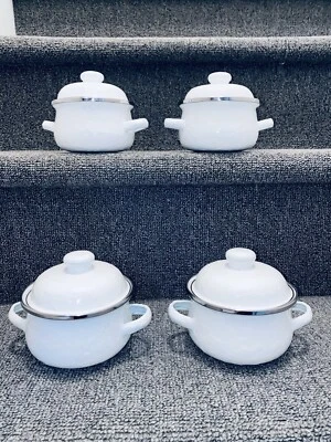 X4 Lote Conejo Dorado Blanco Set Esmalte Pequeñas Sopas Ollas Poco Para Set Metal Foto 1 de 4