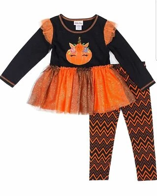 Unicorn Pumpkin Halloween 2 Pc Tutu Dress Shirt Outfit & Leggings Little Lass - Image 1 of 4