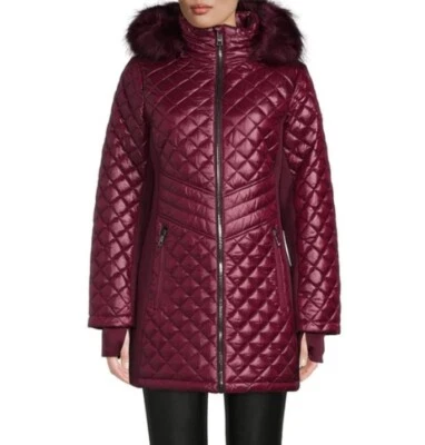 Michael Kors Puffer 夹克中号可拆卸连帽人造毛皮装饰勃艮第外套 M — 第 1/4 张图片