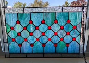 19" Tiffany Style Stained Glass Blue/Green Ocean Breeze W Cabochons Window Panel - Picture 1 of 6