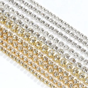 Borde de cadena de cierre de diamantes de imitación de cristal transparente dorado plateado de 2 yardas SS6 (2 mm)-SS12 (3 mm) - Imagen 1 de 10