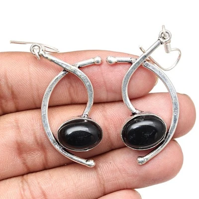 Black Spinal Gemstone Handmade Gift For Her Silver Jewelry Earrings 1.5'' - Image 1 of 4