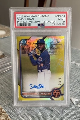 2022 Bowman Chrome Simon Juan Yellow Auto /75 PSA 9 Mets #CPASJ - Image 1 of 2