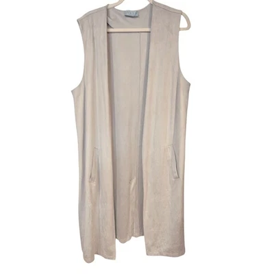 Joan Vass Beige Gamuza Frente Abierto Chaleco Largo Sin Mangas Bolsillos Cárdigan Lagan Foto 1 de 4