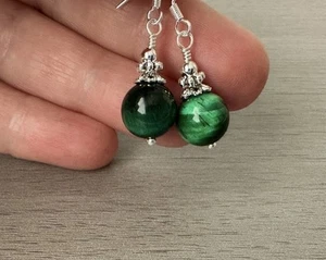 Green Tigers Eye Earrings 925 Sterling Silver Short Gemstone Dangle Earrings - Picture 1 of 8