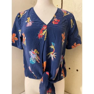 Madewell Womens Size Large Silk Floral Print Tie Front Short Sleeve Blouse Top - Picture 1 of 5