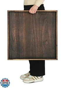 Gurfuy 24" Rustic Wooden Serving Tray - Extra Large Square Ottoman Table Tray - Picture 1 of 5