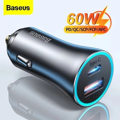 Baseus 60W Metal Dual Slot USB Type C Quick Charge SCP AFC QC 4.0 PD Car Charger - Image 1 of 4