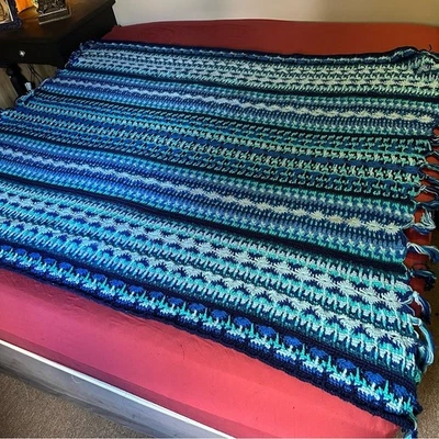 Handmade Blue and White Crochet Blanket - Image 1 of 4
