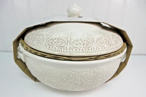 Pionierin Frau Vintage Spitze Steinzeug Terrine Leinen 11" x 9,25" Neu - Bild 1 von 19