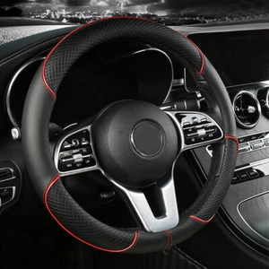 Red Leather Car Steering Wheel Cover Anti-slip Protector 15"/38cm Accessories - Foto 1 di 6