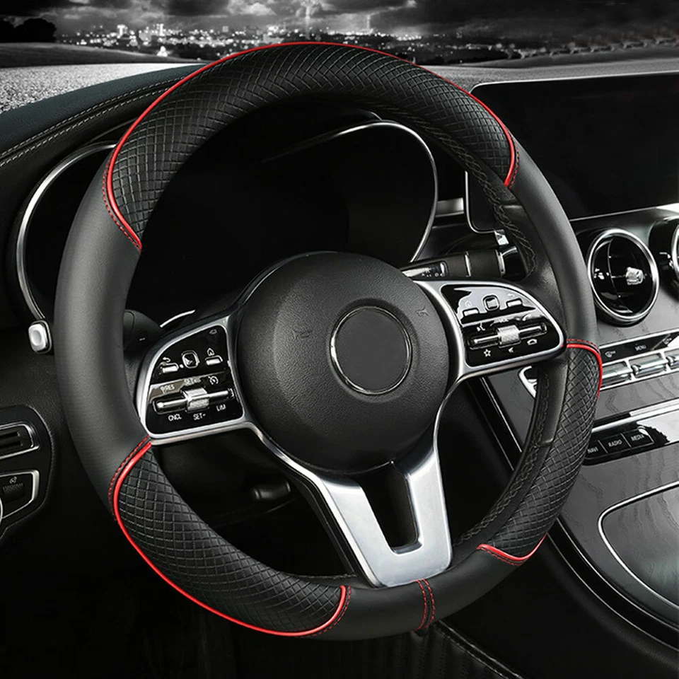Red Leather Car Steering Wheel Cover Anti-slip Protector 15"/38cm  Accessories - Image 1 of 4