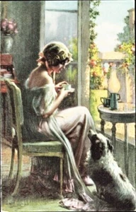 Lady and Her Dog Having Tea, “The Familiar”; Artist Paul Heckscher; Mint - Picture 1 of 2