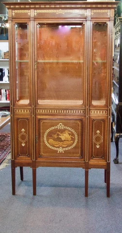 Antique MAHOGANY French Etagere. Inlay. Adjustable shelf. Lights. 1900. 69"H Cover