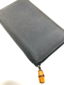 GUCCI VINTAGE BAMBOO ZIP AROUND CANVAS PATENT LEATHER LONG WALLET GRAY ITALY - Picture 1 of 12