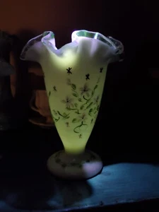 Fenton Milk Glass Silver Crest Trumpet Vase Hand Painted Violets UV Reactive - Picture 1 of 11