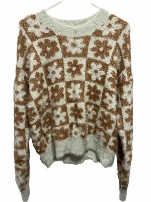 女式大码拼色花卉绿色和棕色圆领套衫毛衣 — 第 1/4 张图片