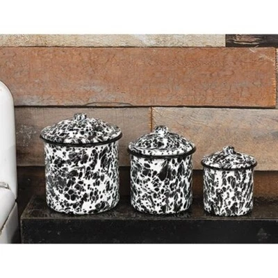 New Farmhouse BLACK WHITE SPATTER ENAMEL CANISTER SET Coffee Tea Sugar - Image 1 of 2