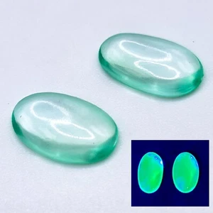 Pair Fluorescent Teal Spinel Cabochons Lab-Created 14x9mm UV Uranium Glass #4 - Picture 1 of 7