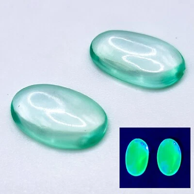 Pair Fluorescent Teal Spinel Cabochons Lab-Created 14x9mm UV Uranium Glass #4 - Image 1 of 4