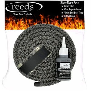 Black Stove Rope 10mm x 2m Length Glue Kit Woodburner Burner Door Seal Kit Reeds - Picture 1 of 7
