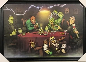Frankenstein Dracula Werwolf Monster Poker Massivholz gerahmtes Bild Druck - Bild 1 von 3