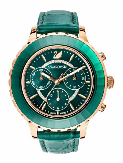 Swarovski Octea Lux Chrono 39.5 mm Rose Gold-Plated Case Women's Green Leather Strap Wristwatch (5452498)